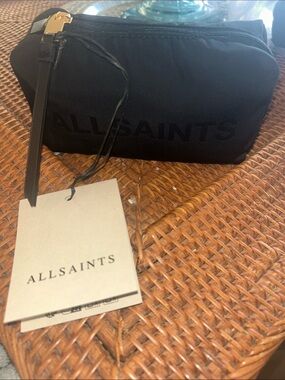 AllSaints Black Nylon Logo Cosmetic Pouch with Gold-Tone Zip